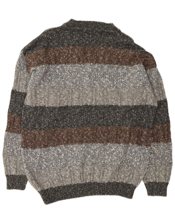 Maglione vintage da uomo con scollo a V XL in lana a righe grigie