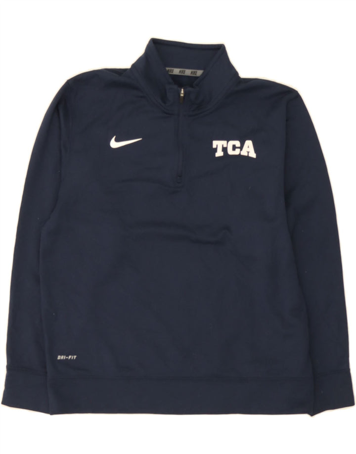 NIKE Boys Dri Fit Graphic Sweatshirt Jumper 12-13 Years Large Navy Blue Vintage Nike and Second-Hand Nike from Messina Hembry 