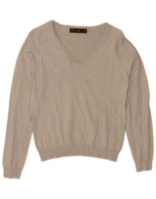 Maglione corto con scollo a V da donna Zara UK 14 grande cotone grigio