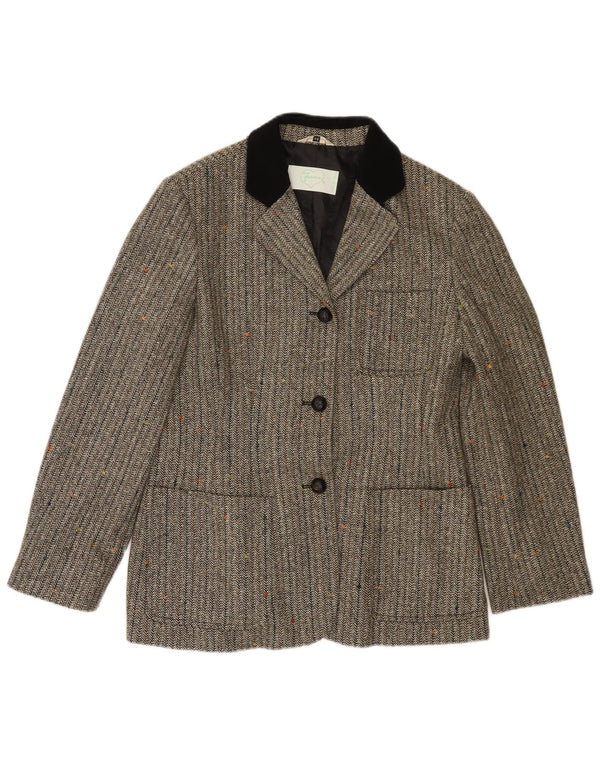Giacca blazer vintage da donna a 3 bottoni IT 46 grande lana a spina di pesce grigia