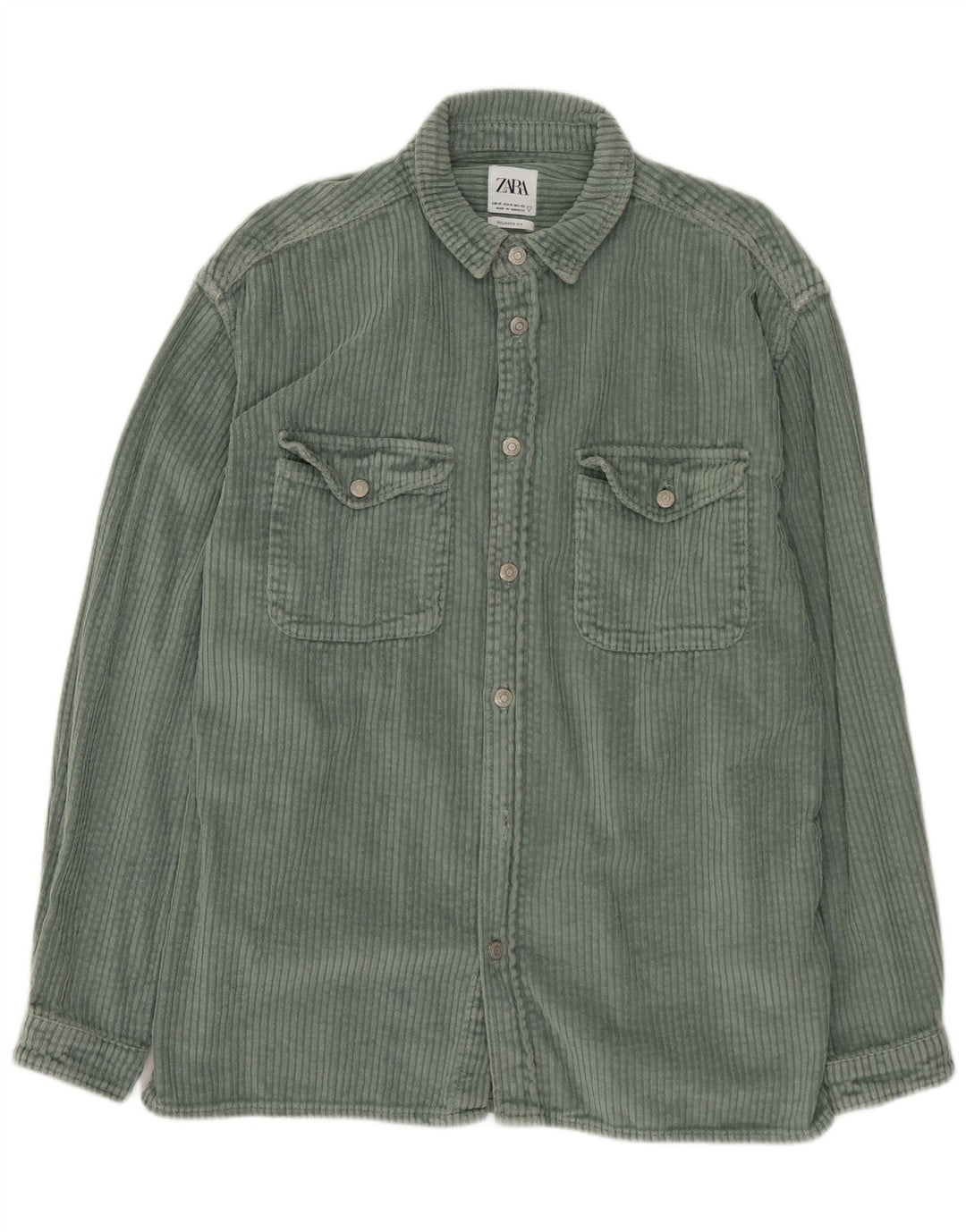 Camicia da uomo in velluto a coste dalla vestibilità rilassata ZARA, cotone verde medio