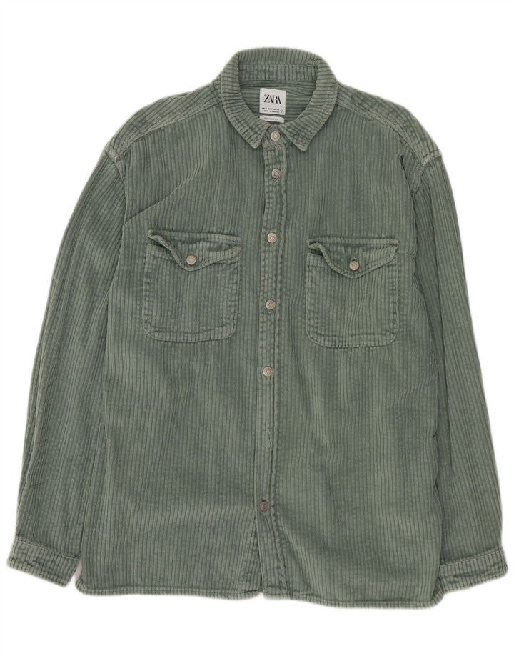 Camicia da uomo in velluto a coste dalla vestibilità rilassata ZARA, cotone verde medio
