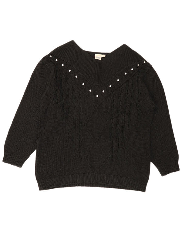 Vintage Womens V-Neck Jumper Sweater UK 14 Medium Black Cotton