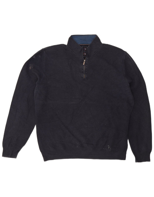 Massimo Dutti Mens Button Neck Jumper Sweater 2XL Navy Blue Cotton
