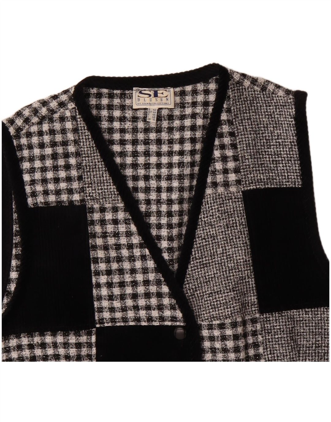 Gilet da donna VINTAGE UK 16 Grande poliestere patchwork nero