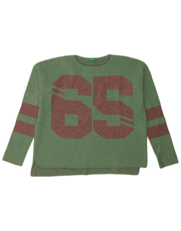 Benetton Top grafico da donna manica lunga UK 14 Verde medio