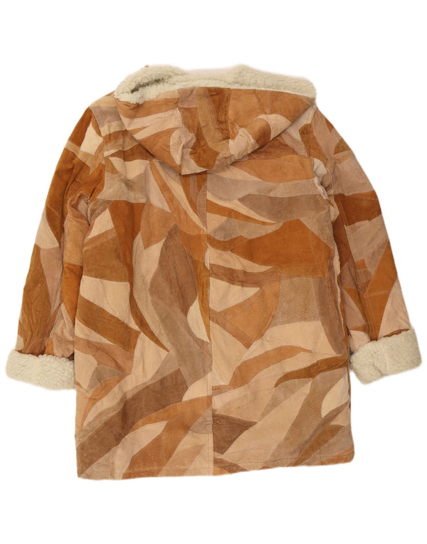 Cappotto sherpa vintage da donna con cappuccio UK 18 XL in pelle patchwork marrone