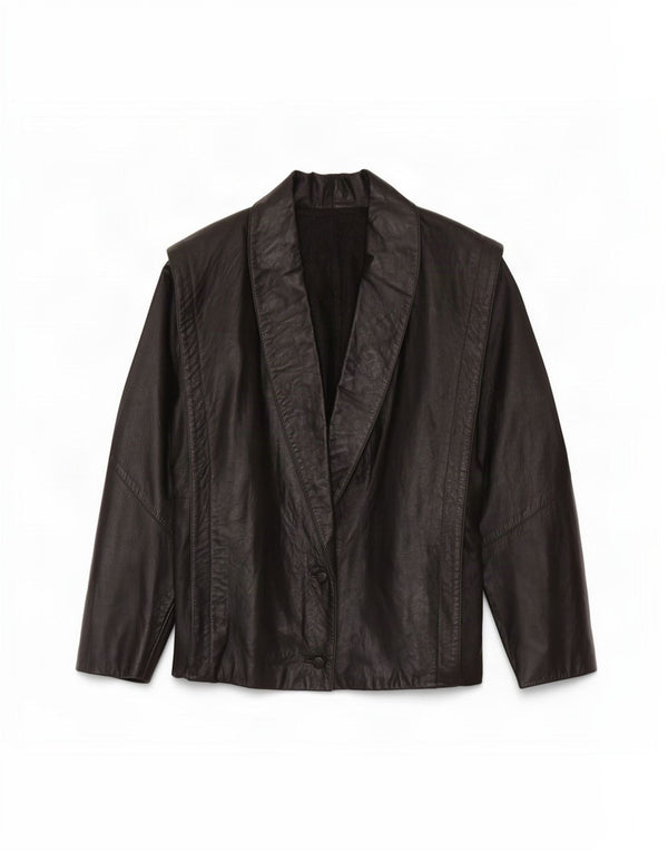 Giacca in pelle oversize con maniche a 3/4 vintage da donna UK 16 grande nera