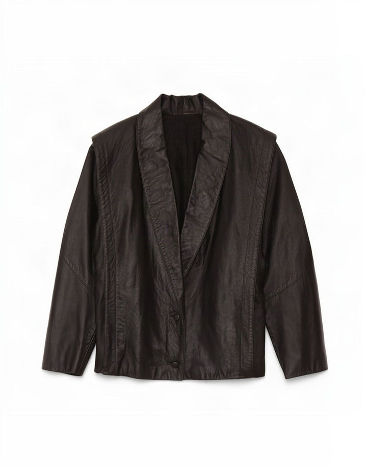 Giacca in pelle oversize con maniche a 3/4 vintage da donna UK 16 grande nera