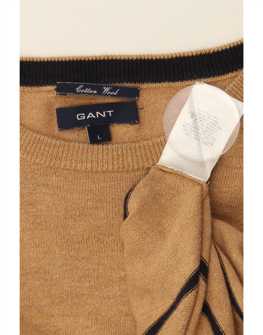 GANT Mens Crew Neck Jumper Sweater Large Beige Striped Cotton