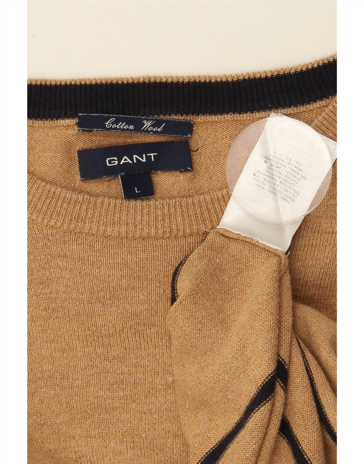 GANT Mens Crew Neck Jumper Sweater Large Beige Striped Cotton