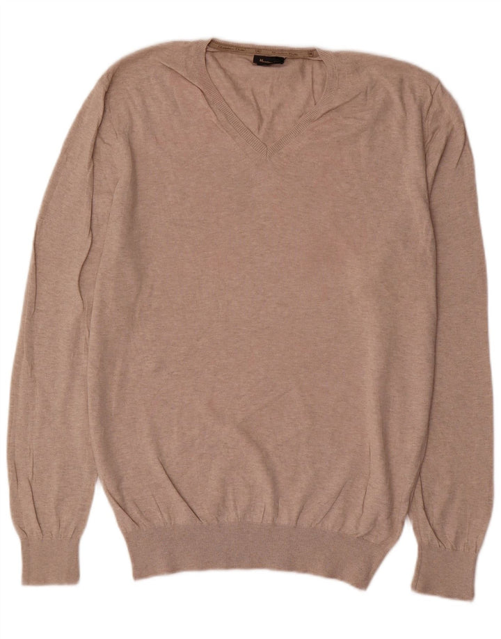 Massimo Dutti Maglione da uomo con scollo a V grande in cotone beige