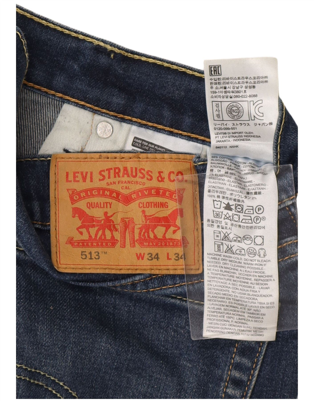 LEVI'S Jeans 513 slim dritti da uomo W34 L34 cotone blu