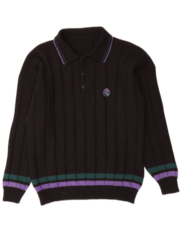 Maglione vintage da uomo con collo a polo XL in lana a righe nere