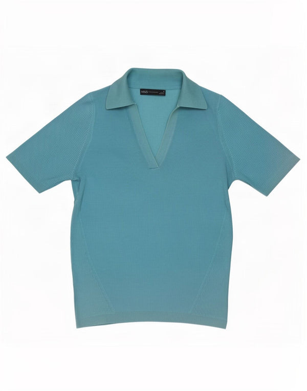 Marks & Spencer Womens Short Sleeve Polo Shirt UK 12 Medium Blue Cotton
