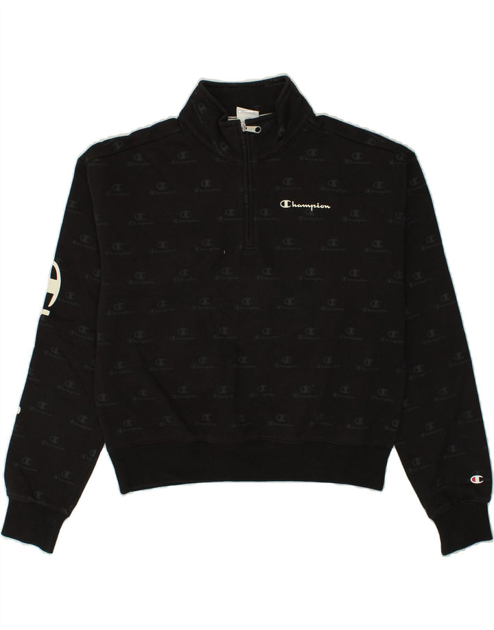CHAMPION Womens Graphic Zip Neck Sweatshirt Jumper UK 14 Medium Black | Vintage Champion | Thrift | Second-Hand Champion | Used Clothing | Messina Hembry 