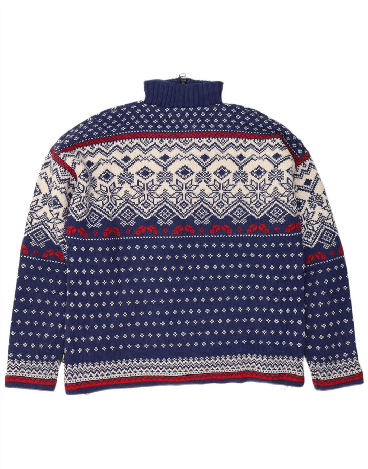 OCK Maglione da uomo con zip e collo XL in lana Fair Isle blu navy