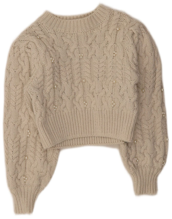 Maglione corto girocollo da donna Zara UK 8 piccolo poliestere bianco sporco