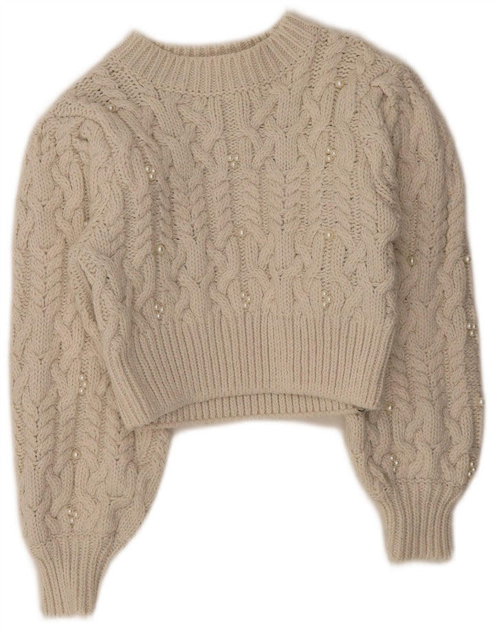 Maglione corto girocollo da donna Zara UK 8 piccolo poliestere bianco sporco