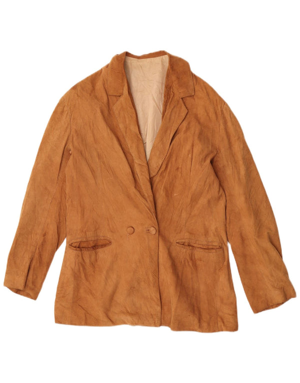 Giacca blazer vintage in pelle scamosciata doppio petto da donna UK 12 beige medio