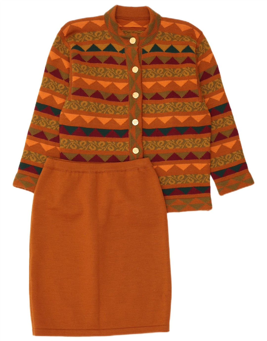 Set gonna 2 pezzi in maglia da donna VINTAGE UK 14 medio W28 marrone geometrico