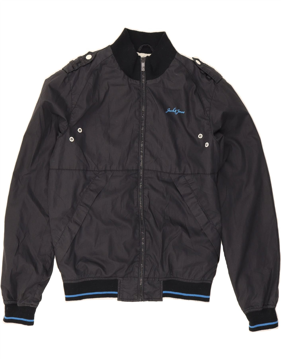 JACK & JONES Mens Military Bomber Jacket UK 38 Medium Navy Blue Cotton Vintage Jack & Jones and Second-Hand Jack & Jones from Messina Hembry 