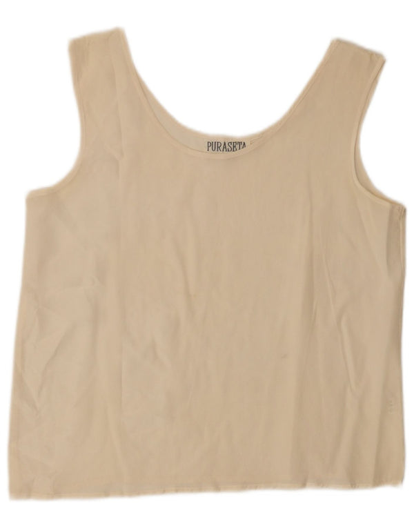 Top camicetta senza maniche vintage da donna UK 14 grande seta beige