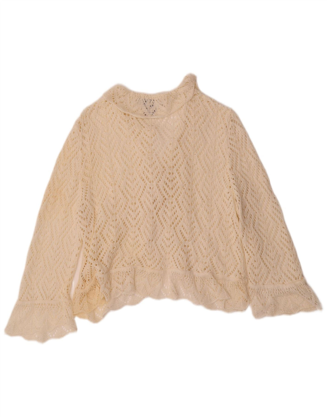 Maglione cardigan all'uncinetto con maniche a 3/4 corto da donna VINTAGE UK 18 XL bianco sporco