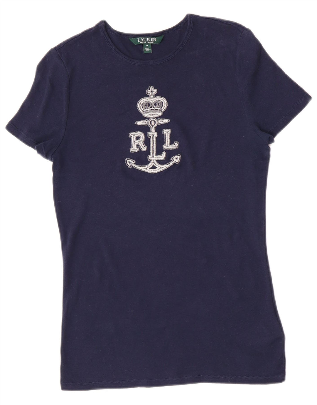T-shirt grafica da donna Ralph Lauren Top UK 12 cotone medio blu navy