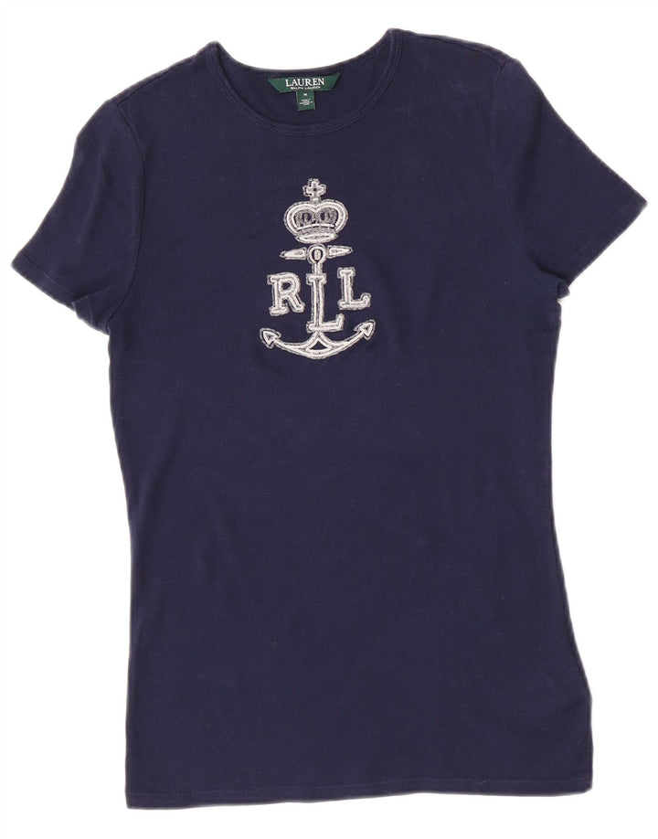 T-shirt grafica da donna Ralph Lauren Top UK 12 cotone medio blu navy
