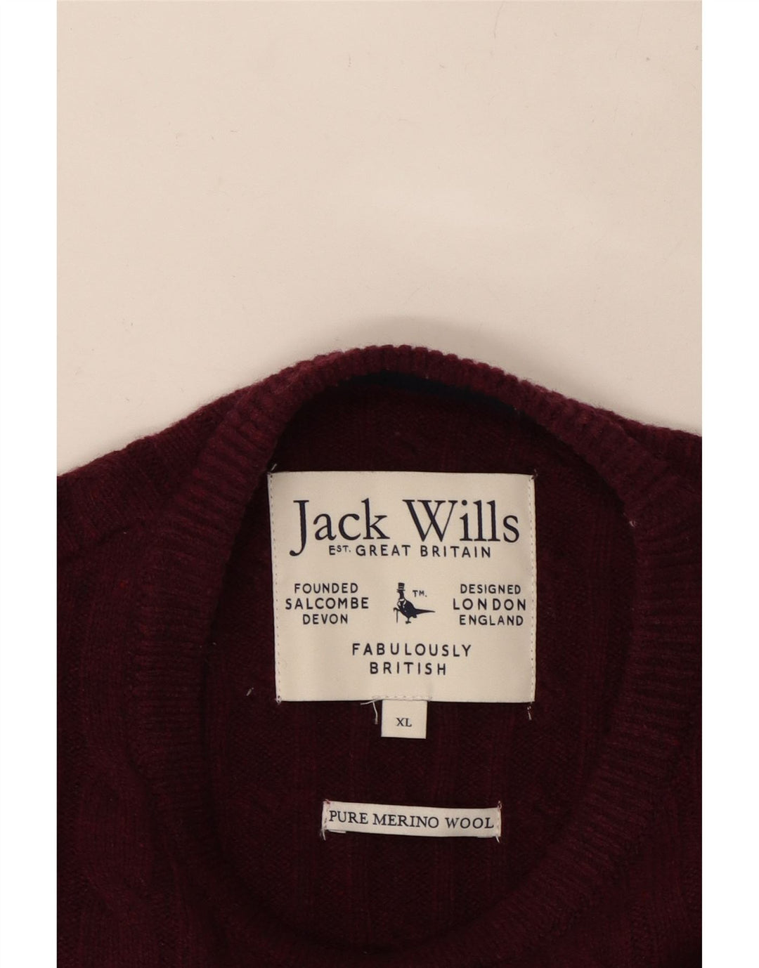 JACK WILLS Maglione girocollo da uomo XL in lana bordeaux