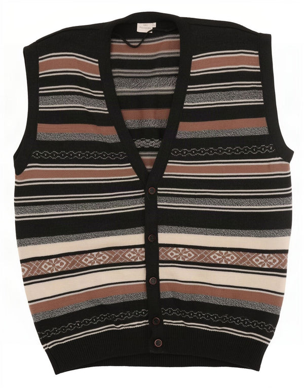 Maglione cardigan senza maniche vintage da uomo IT 52 grande a righe nere