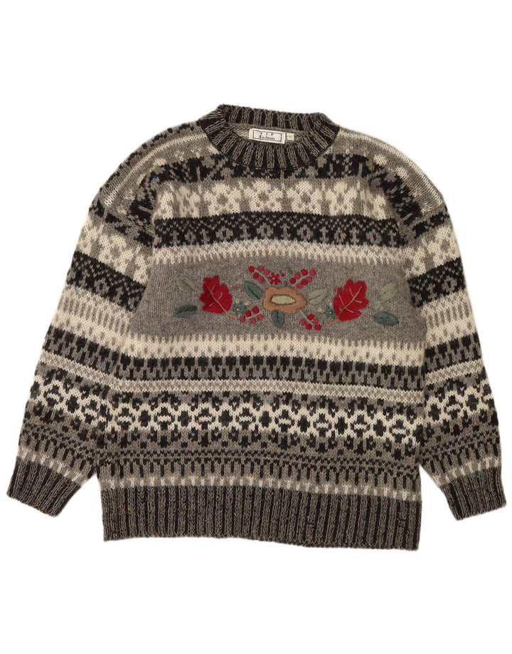Maglione maglione girocollo vintage da uomo grande grigio Fair Isle in poliacrilico