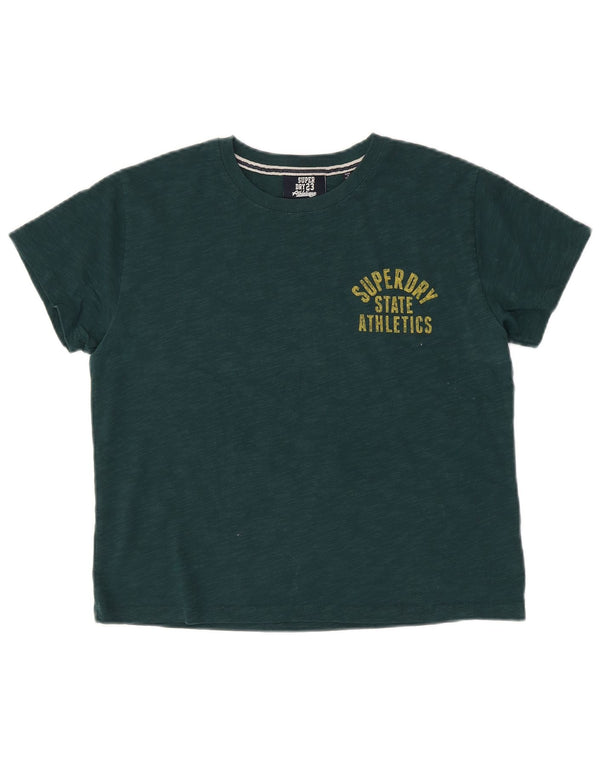 T-shirt grafica da donna SUPERDRY Top UK 14 grande cotone chiazzato verde