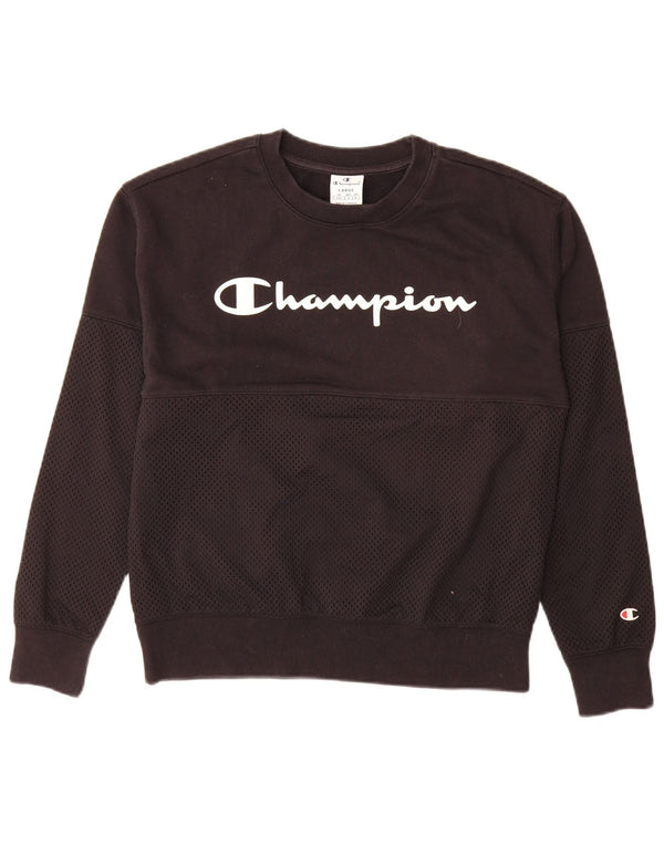 Felpa con grafica da donna Champion, maglione UK 16, grande cotone nero