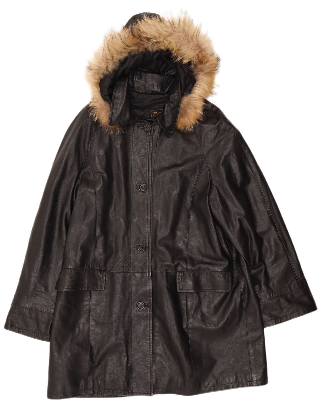 Cappotto in pelle con cappuccio da donna VINTAGE IT 52 2XL Pelle nera