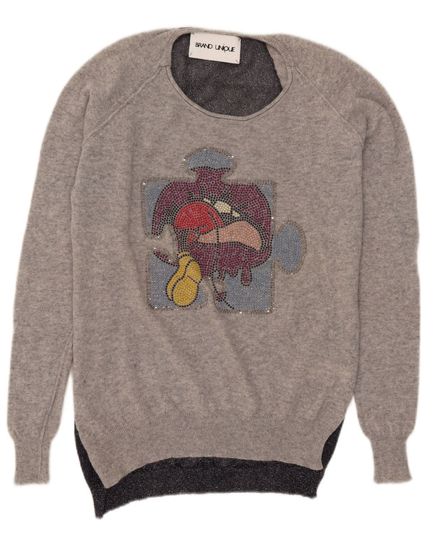 Maglione maglione vintage da donna con scollo a barca UK 16 Large Grey Colourblock