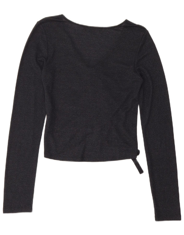 Top corto da donna All Saints a maniche lunghe UK 12 viscosa blu navy medio