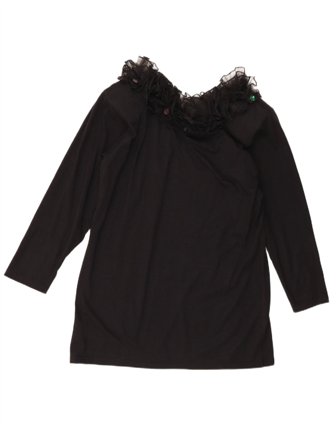 Top tunica a maniche lunghe da donna vintage con volant sul davanti UK 16 grande cotone nero