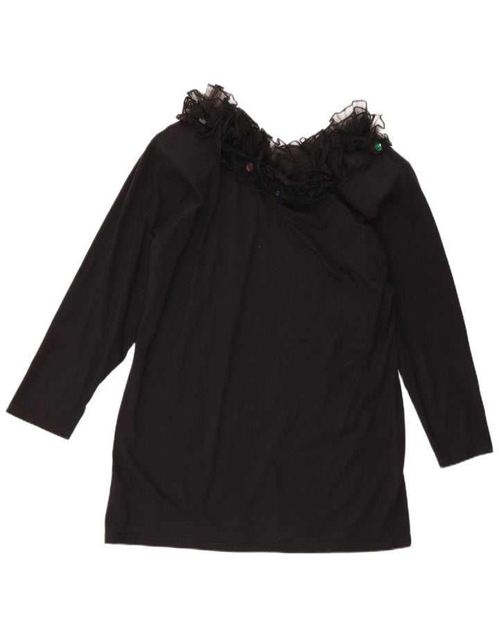 Top tunica a maniche lunghe da donna vintage con volant sul davanti UK 16 grande cotone nero