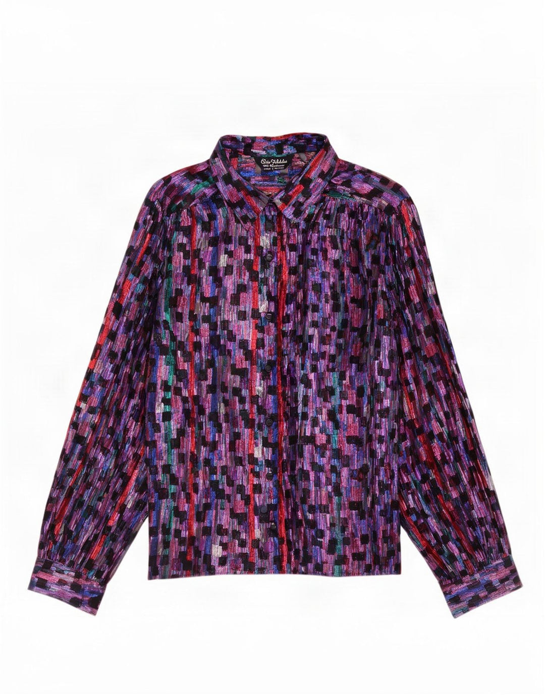 Camicetta camicia da donna Elsie Whiteley UK 16 Grande motivo geometrico multicolore
