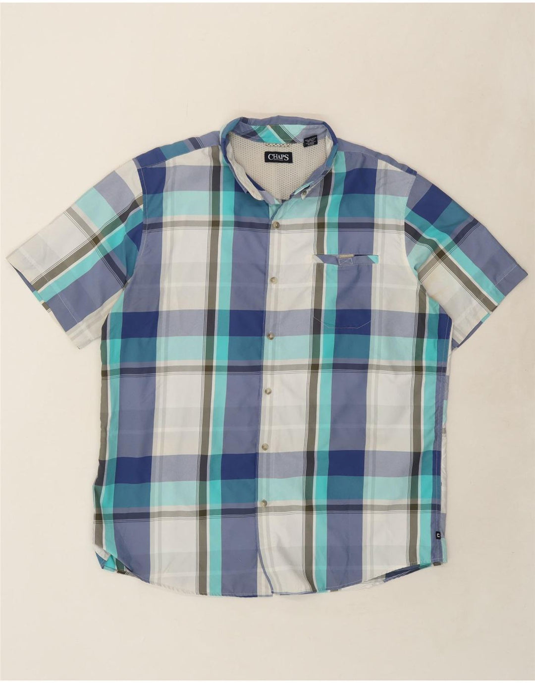 CHAPS Mens Short Sleeve Shirt XL Blue Check Polyester Vintage Chaps and Second-Hand Chaps from Messina Hembry 