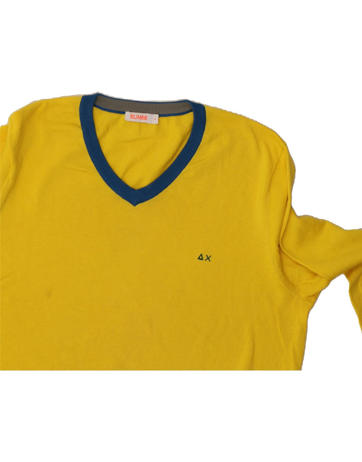 SUN68 Mens V-Neck Jumper Sweater Large Yellow Colourblock Cotton Vintage Sun68 and Second-Hand Sun68 from Messina Hembry 