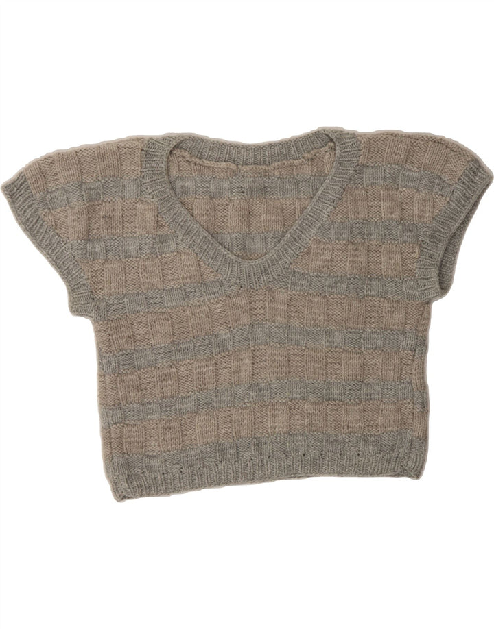 VINTAGE Womens Crop V-Neck Jumper Sweater UK 12 Medium Grey Striped Vintage Vintage and Second-Hand Vintage from Messina Hembry 