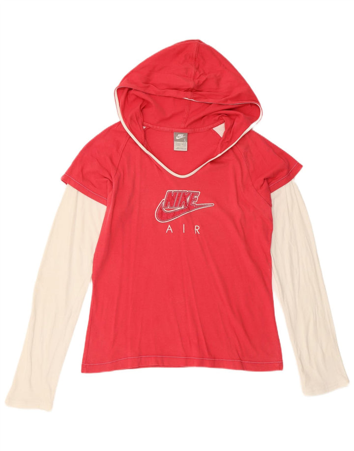 NIKE Top grafico da donna con cappuccio a maniche lunghe UK 14/16 Large Rosso Colourblock