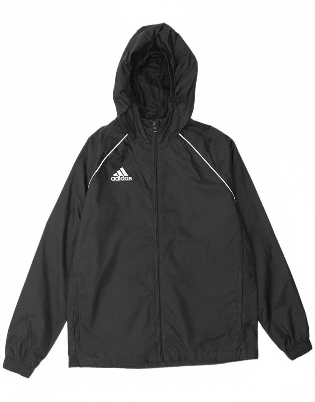 ADIDAS Boys Hooded Rain Jacket 13-14 Years Black Nylon