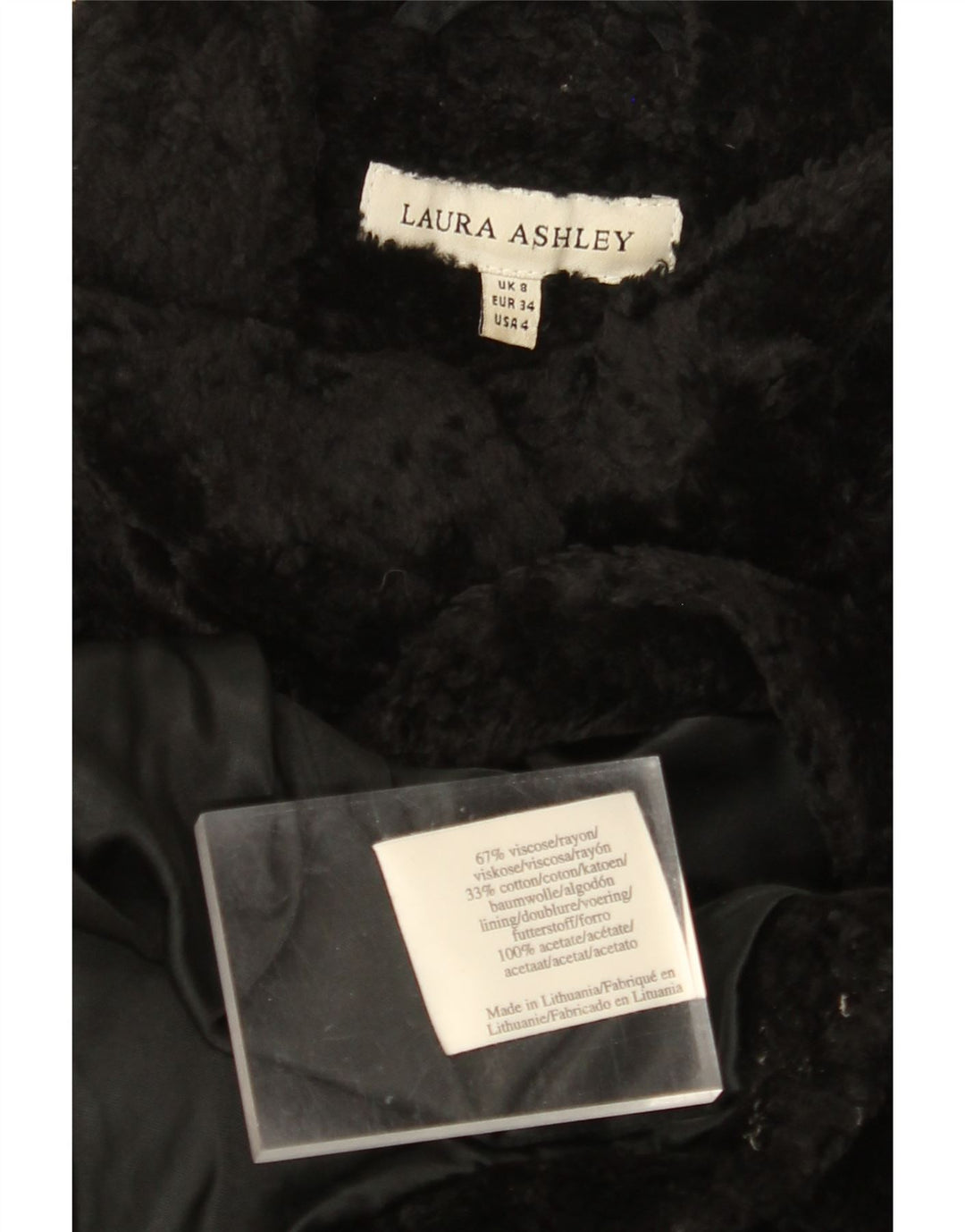 LAURA ASHLEY Cappotto da donna in pelliccia sintetica UK 8 piccolo in viscosa nera