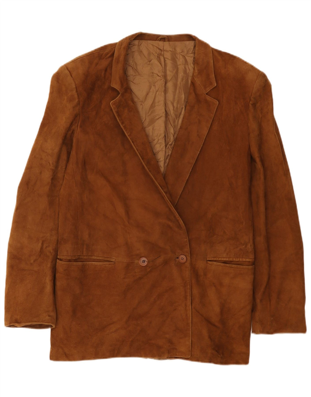 Giacca blazer doppiopetto vintage in pelle scamosciata da donna IT 50 XL in pelle beige