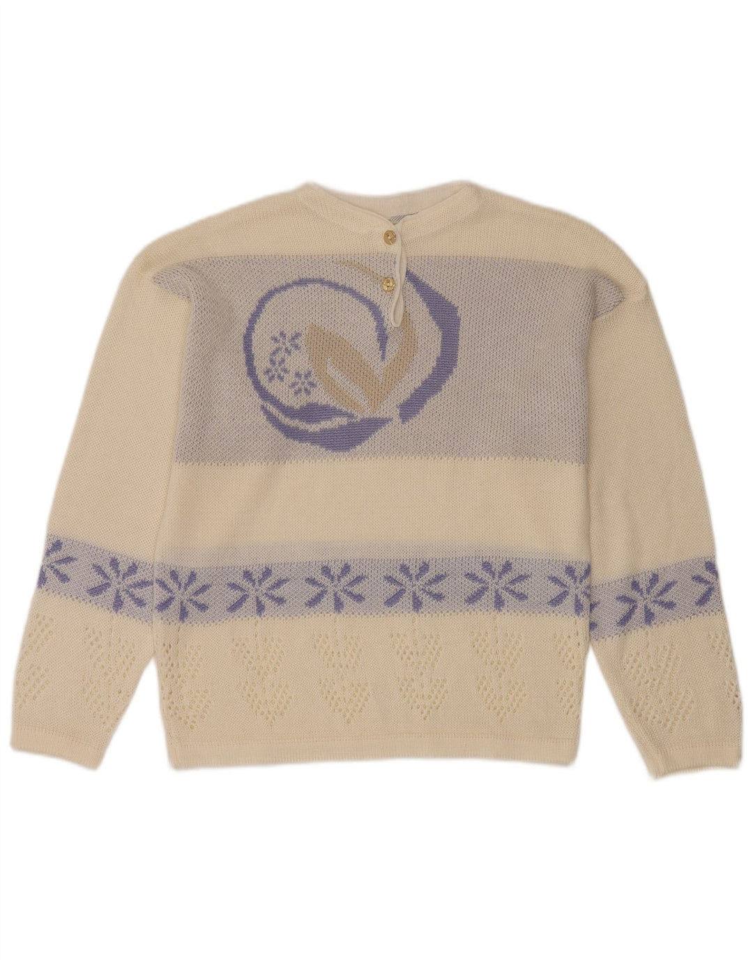 Maglione da donna vintage con collo a bottoni, UK 16, grande motivo floreale bianco