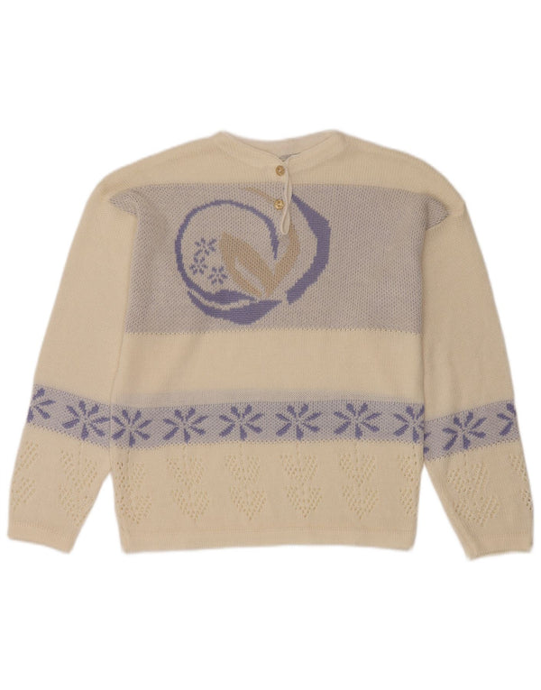Maglione da donna vintage con collo a bottoni, UK 16, grande motivo floreale bianco